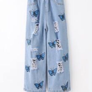 Girls Butterfly Print ripped Jeans